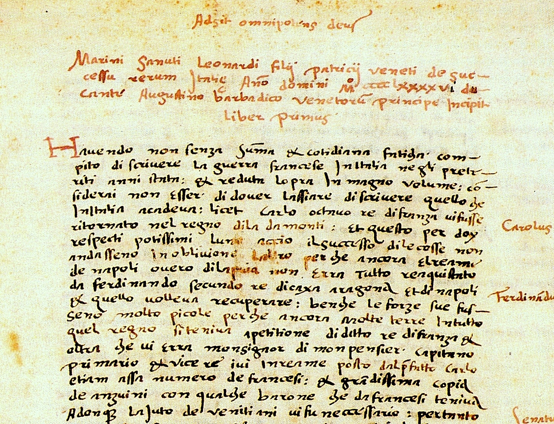 Cod. It. VII, 228 (=9215), Marin Sanudo, I Diarii, v. 1, c. 1r